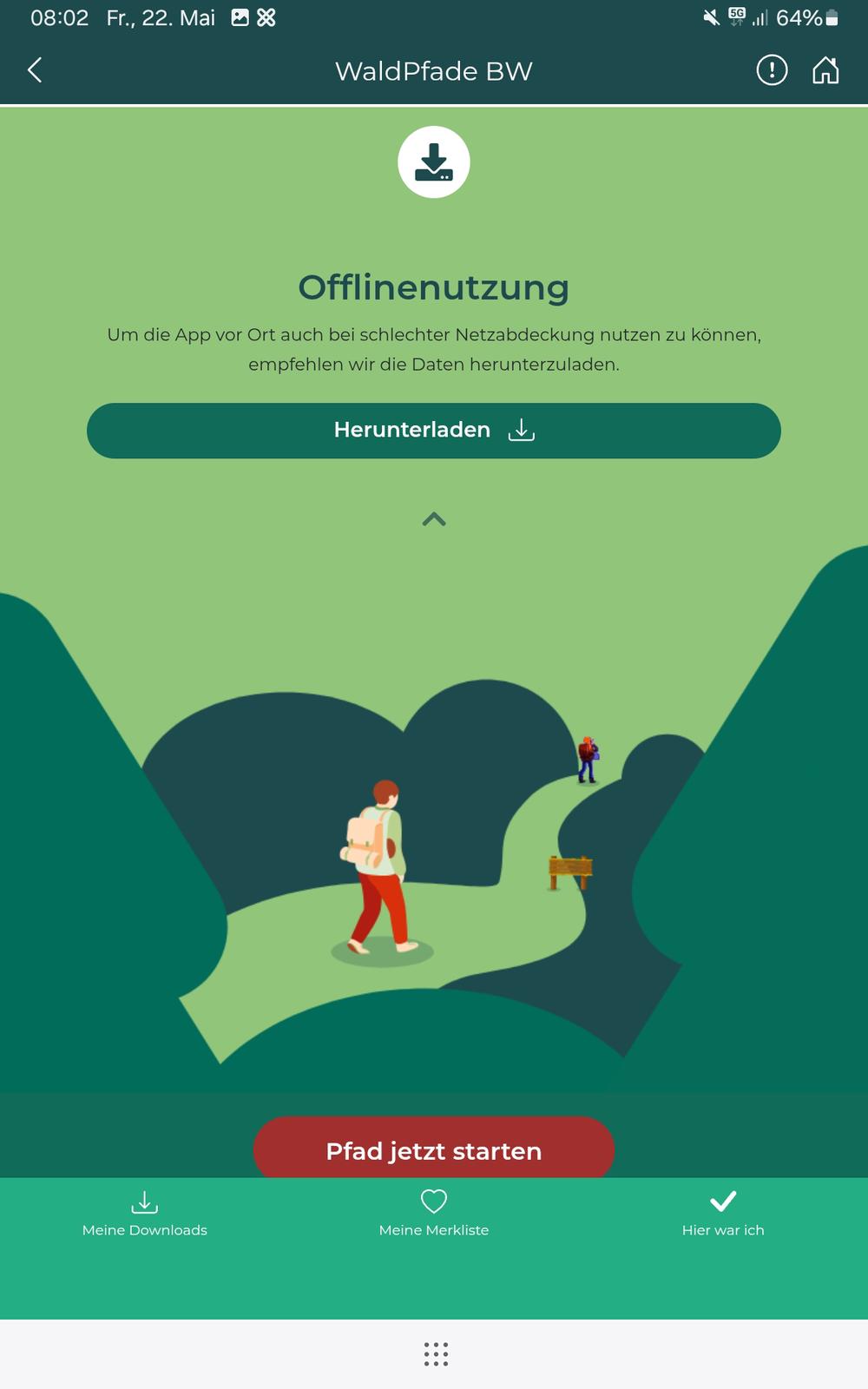 Button "Herunterladen" ermöglicht Offline-Nutzung im Wald.