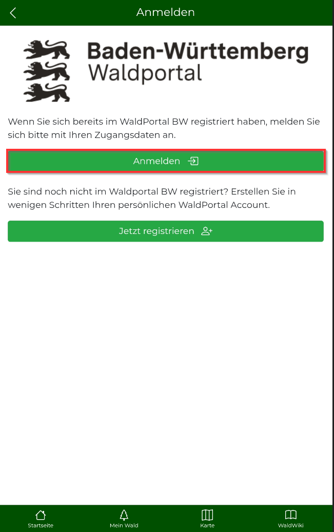 Anmeldemaske. Anmelde-Button ist markiert