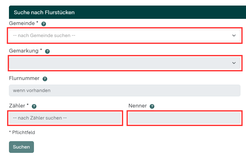 Maske zum Ausfüllen mit anschließender Suche Ihres Flurstücks