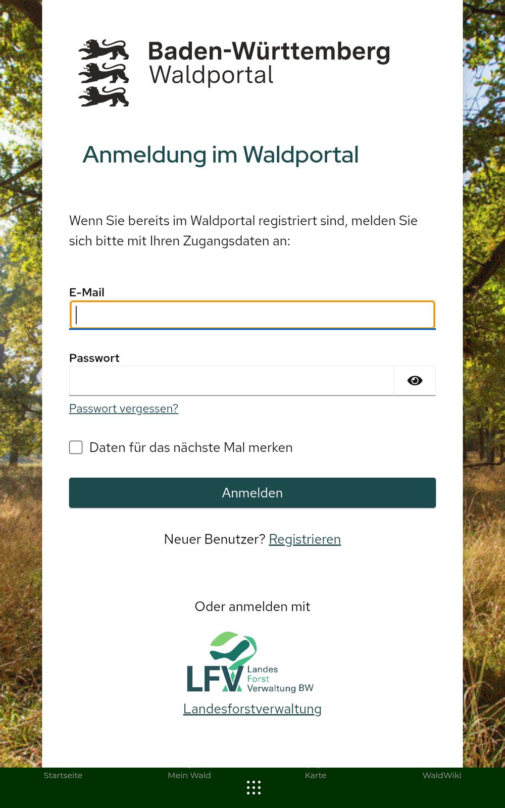 Anmeldemaske Waldportal