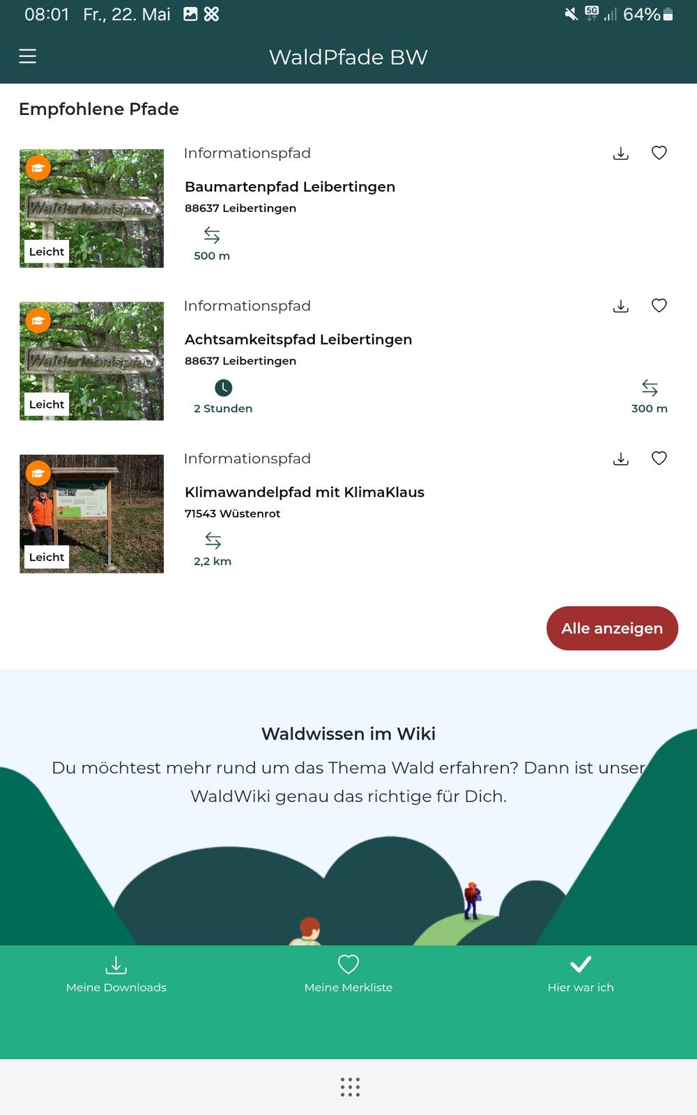 Button "Alle anzeigen" zeigt alle derzeit verfügbaren Waldpfade in einer Liste an.
