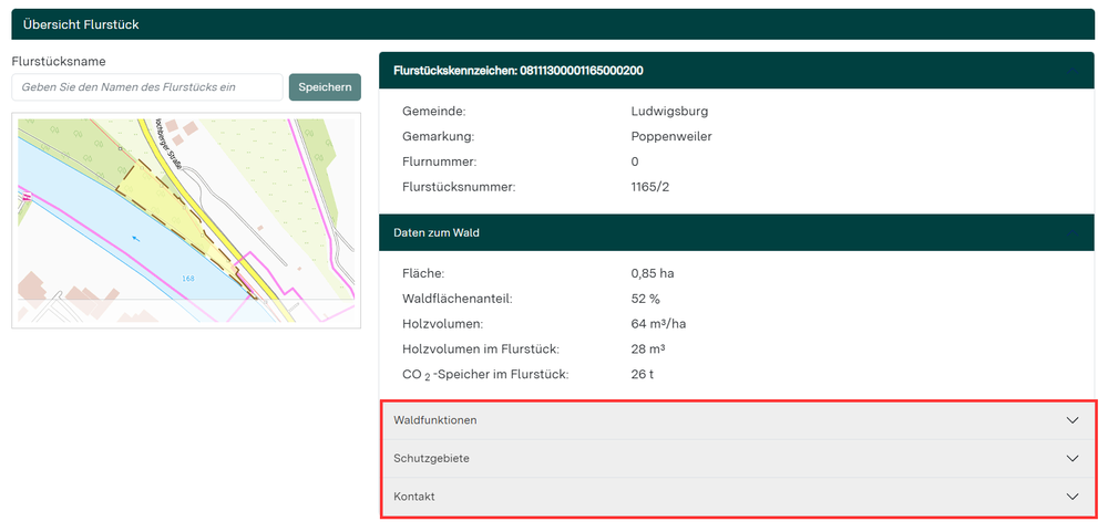 Weitere Informationen in Dropdownmenüs zu Waldfunktionen, Schutzgebiet und Kontaktdaten zur UFB und zu Försterin/Förster
