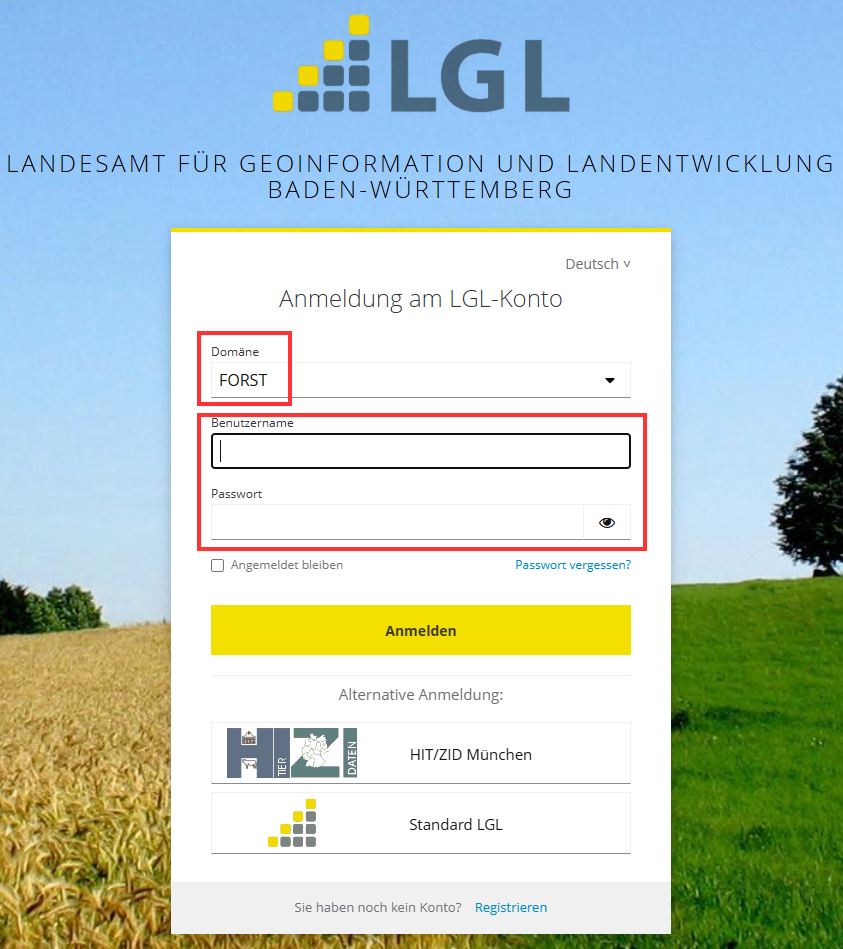 Anmeldemaske LGL-Keycloak mit Domäne FORST