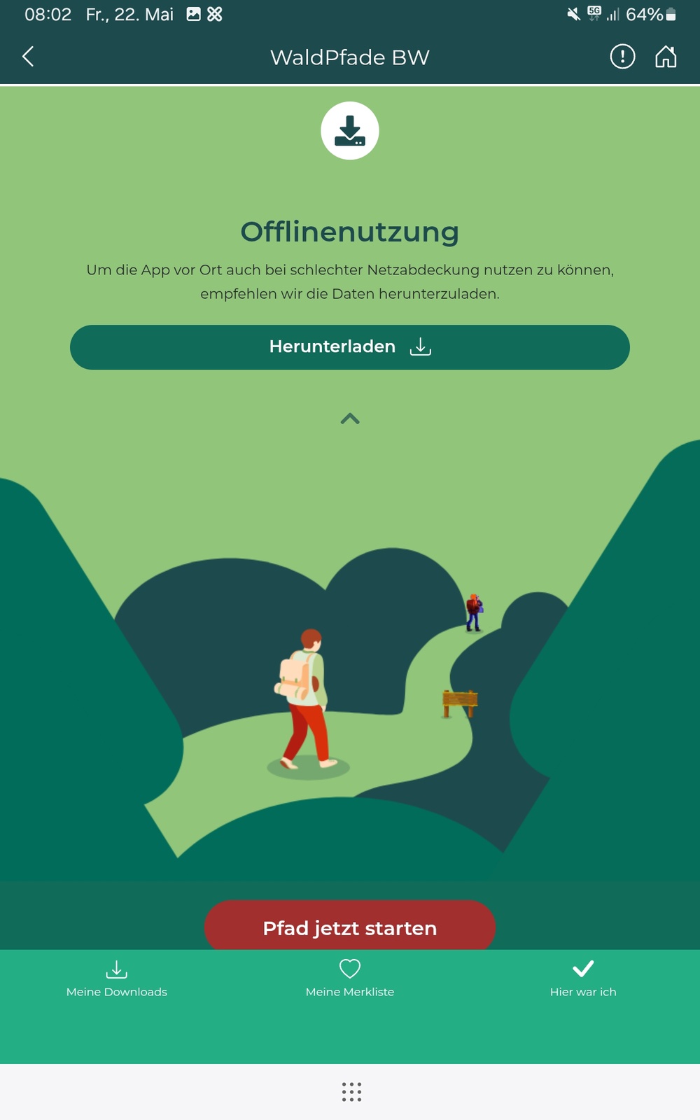 Button "Herunterladen" ermöglicht Offline-Nutzung im Wald.