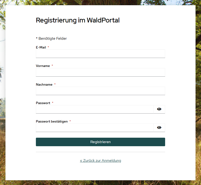 Registrierungsmaske des Waldportals