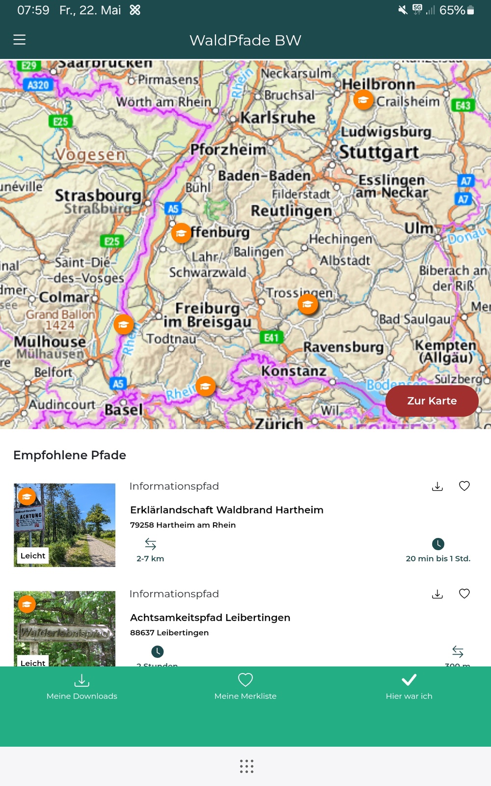 Startbildschirm der WaldPfade App