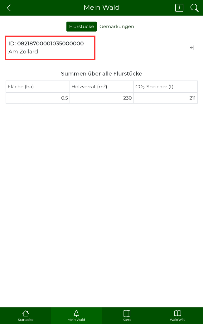 Übersicht Mein Wald mit einem gespeichertem Flurstück