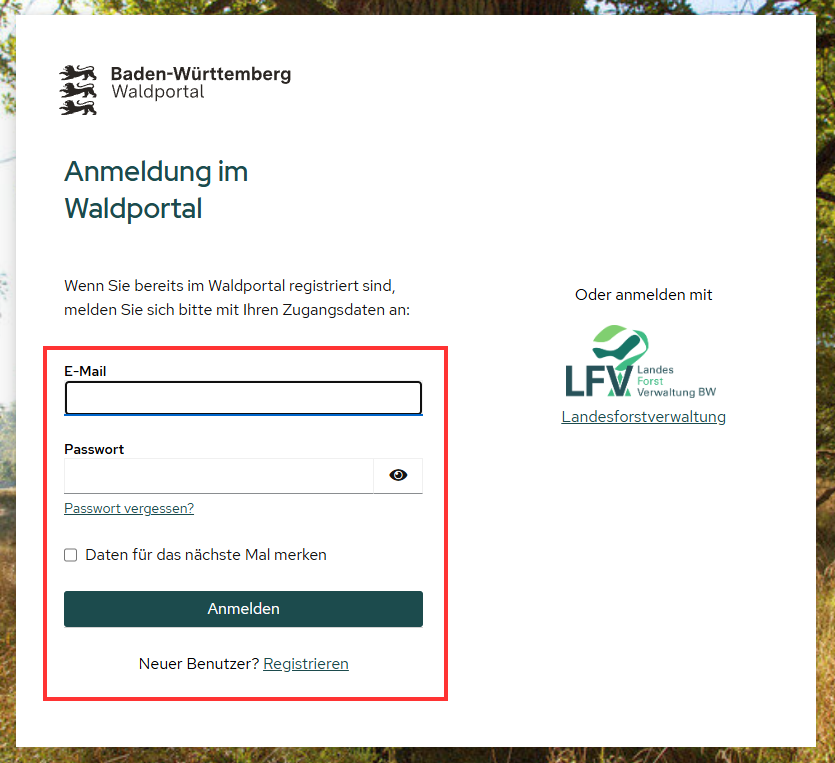 Anmeldemaske Waldbesitzer