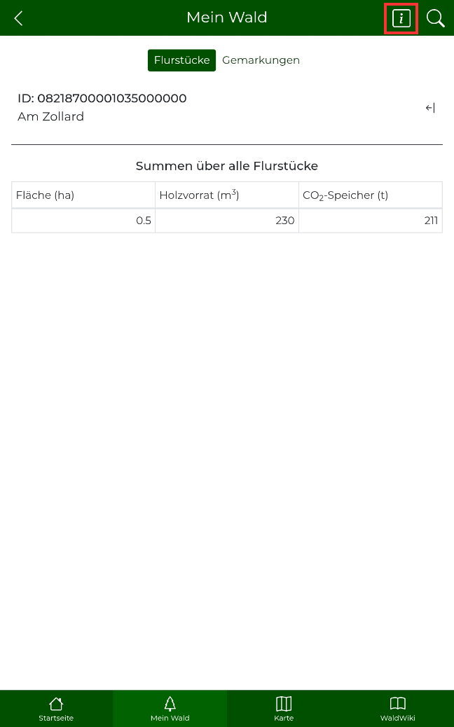 Informations-Button im Bereich "Mein Wald"