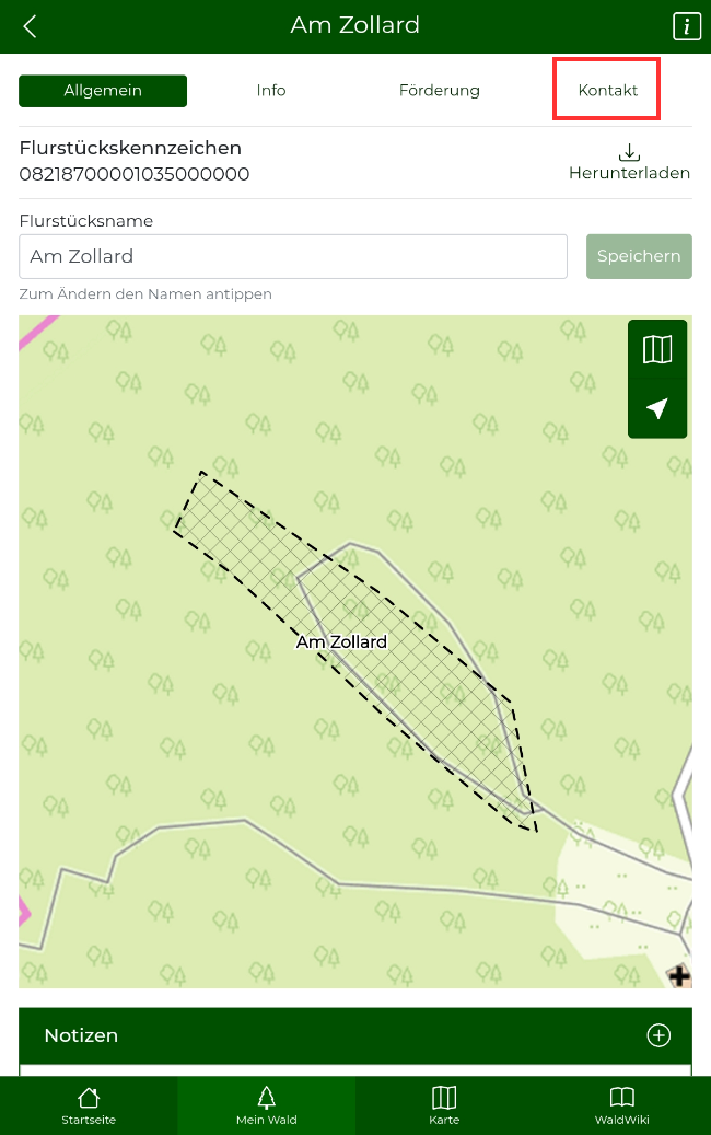 In "Mein Wald" ist "Kontakt" markiert