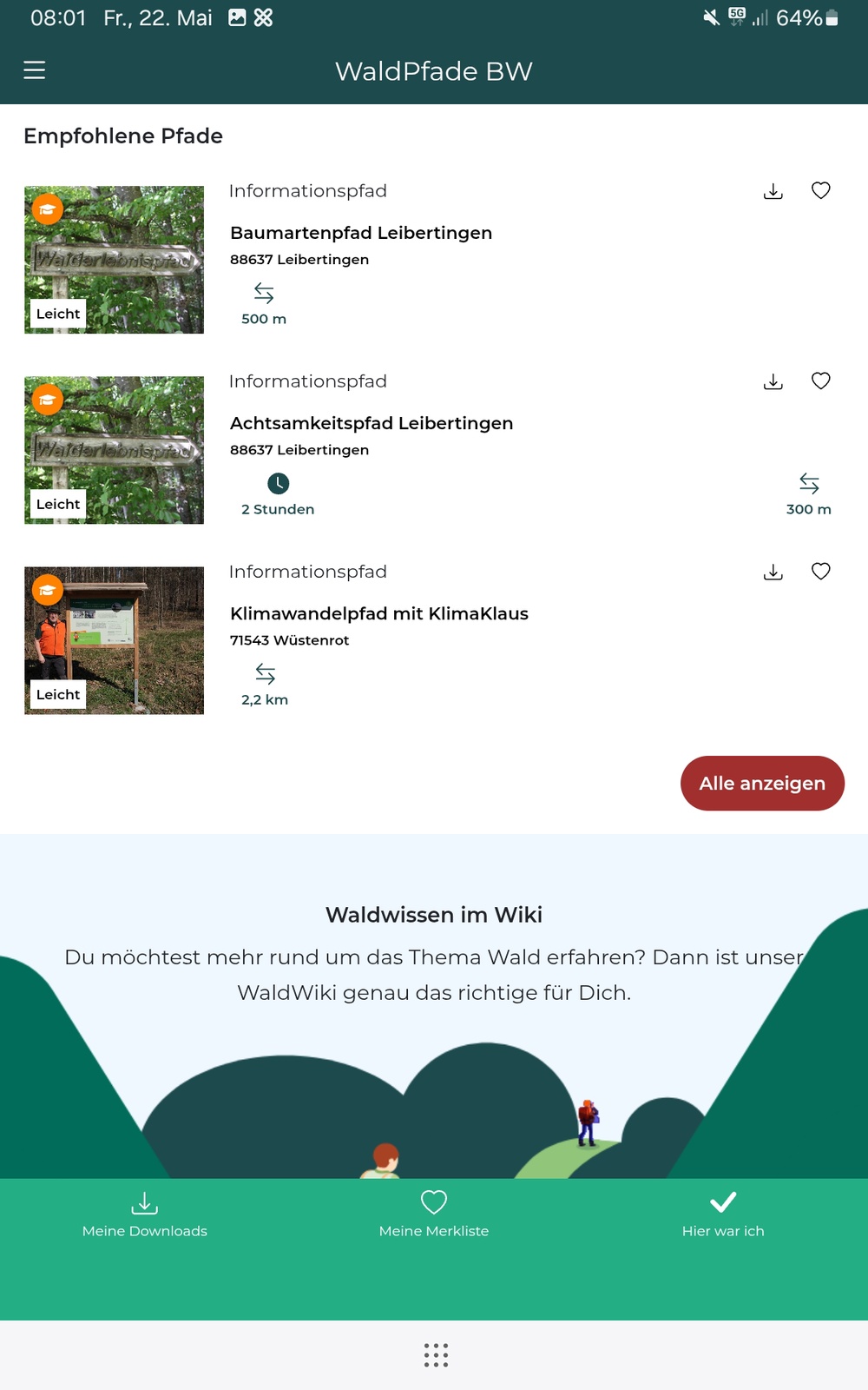 Button "Alle anzeigen" zeigt alle derzeit verfügbaren Waldpfade in einer Liste an.