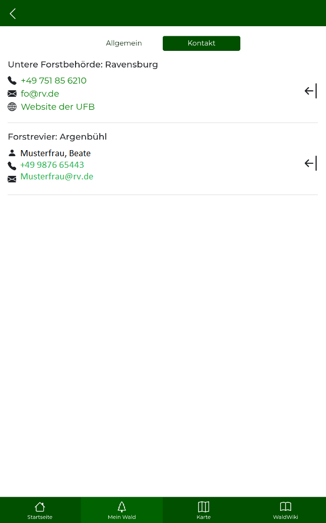 Reiter "Kontakt" im Bereich "Mein Wald - Gemarkung"