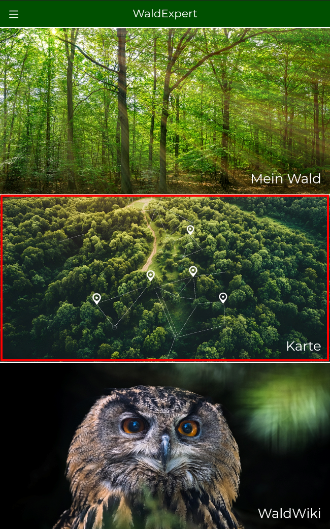 Startebildschirm WaldExpert, Karte ist markiert