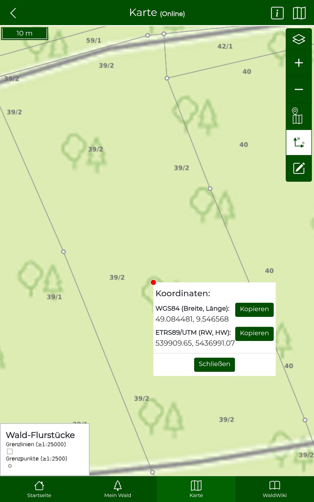 Informationsfenster mit Koordinaten