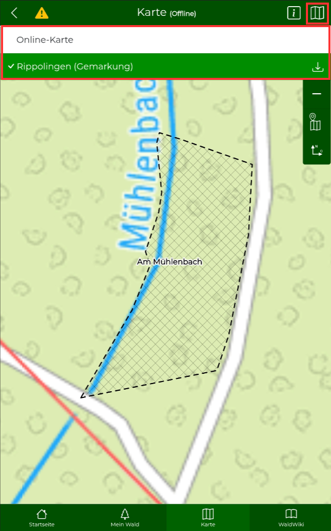 Kartensymbol oben rechts mit Online- und Offlinekarte