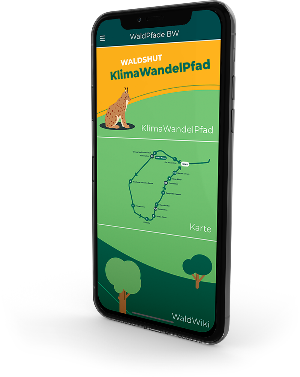 Ein Bild der mobilen Anwendung WaldPfade mit dem Startbildschirm.