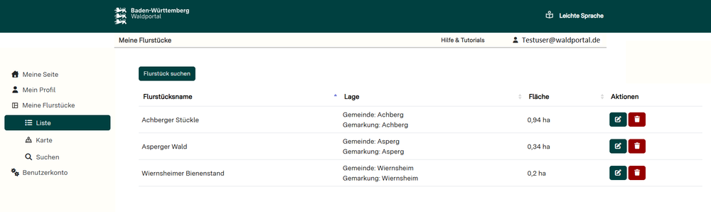 Übersichtsseite Meine Flurstücke