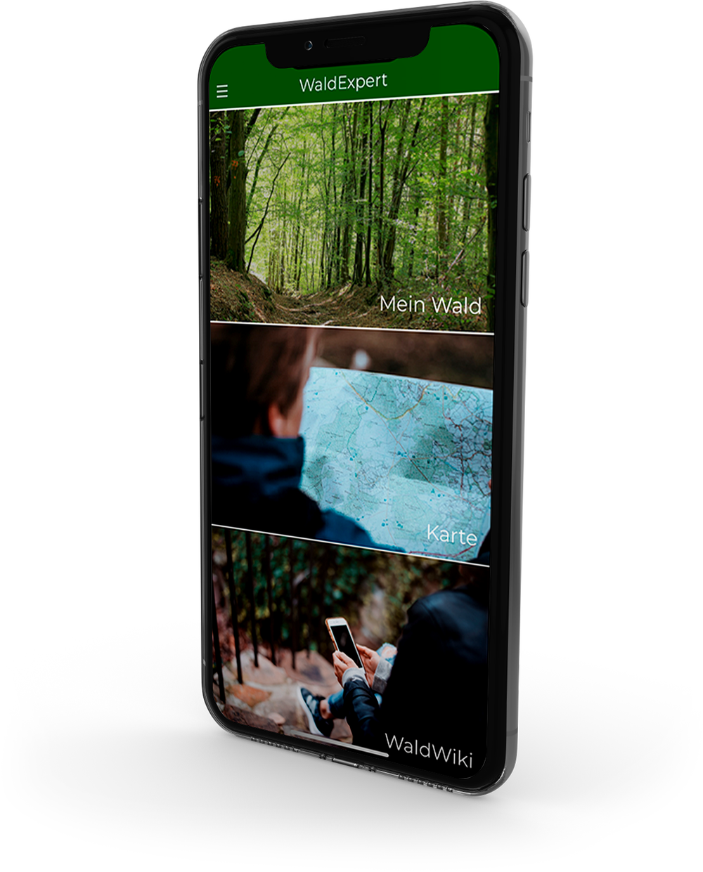 Ein Bild der mobilen Anwendung WaldExpert mit dem Startbildschirm.