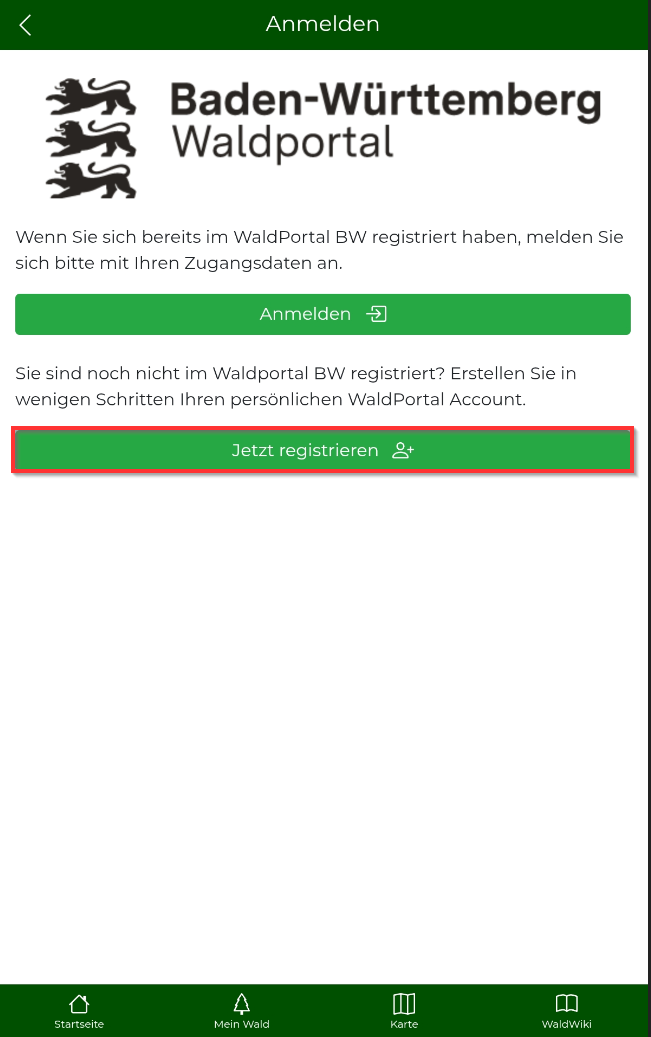 Anmeldemaske. Jetzt Registrieren-Button