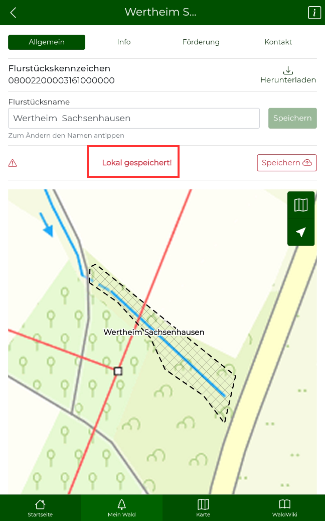 Lokal gespeichert erscheint in roter Schrift