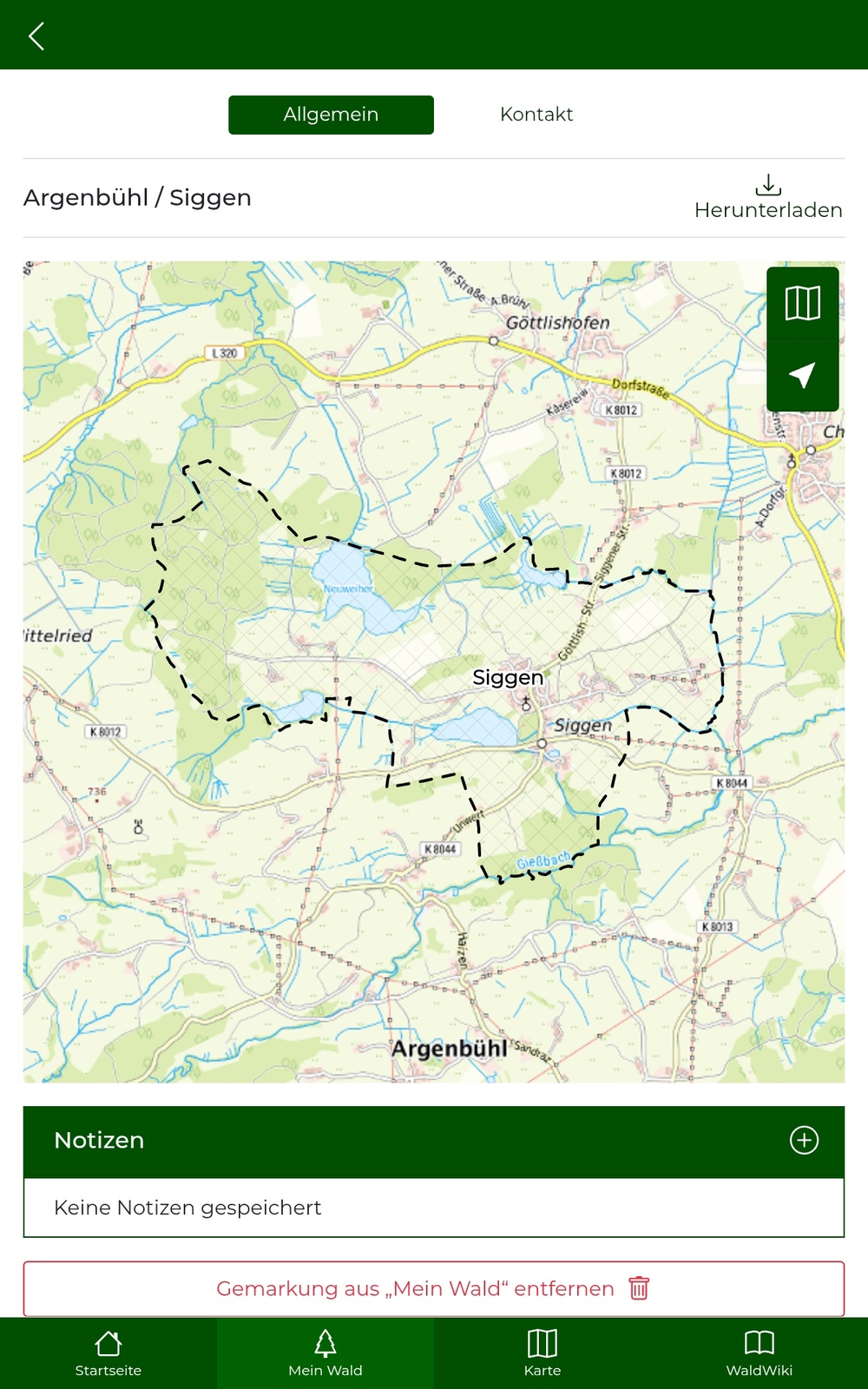 Reiter "Allgemein" im Bereich "Mein Wald - Gemarkung"