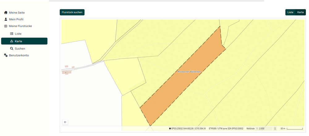 Kartenfunktion zeigt ein gespeichertes Flurstück
