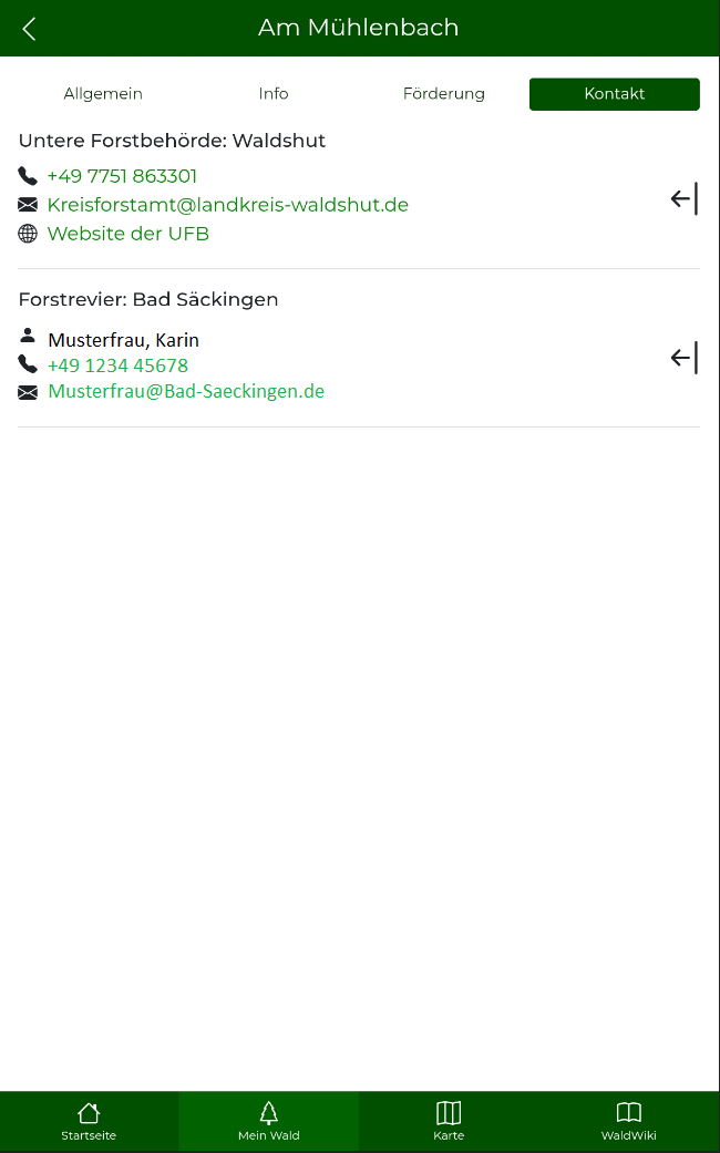 Reiter "Kontakt" im Bereich "Mein Wald"
