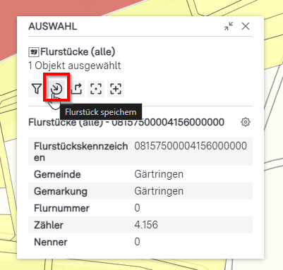 Kreis-Symbol mit Pfeil auswählen zum Speichern des Flurstücks.